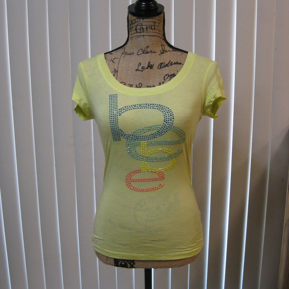 NWT Bebe yellow rhinestone logo graphic t shirt top XS extra small